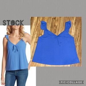Jessica Simpson womens shirt XL top blue ribbed vneck ruffle tie basic solid NWT